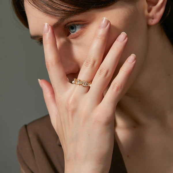 Square-Cut Diamond and Pearl Open Ring