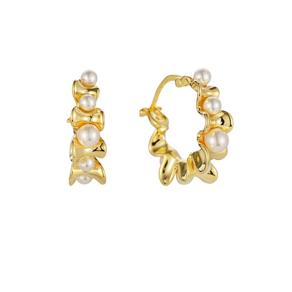 Wavy Pearl Huggie Earrings